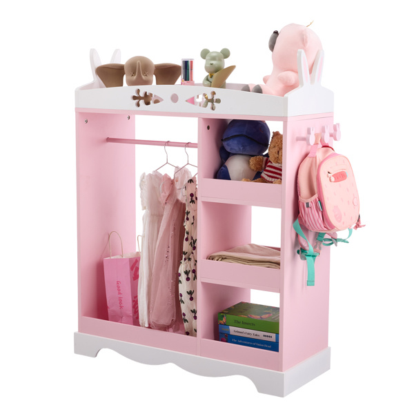 04016544-8c86-4e2e-b630-a74cc8e84458.jpg Pink And White MDF And Particle Board, Painted And Veneered, Bunny Ear Design, 1 Mirror With 3 Shelves, 1 Clothes Rod, Children's Wardrobe - Image 1