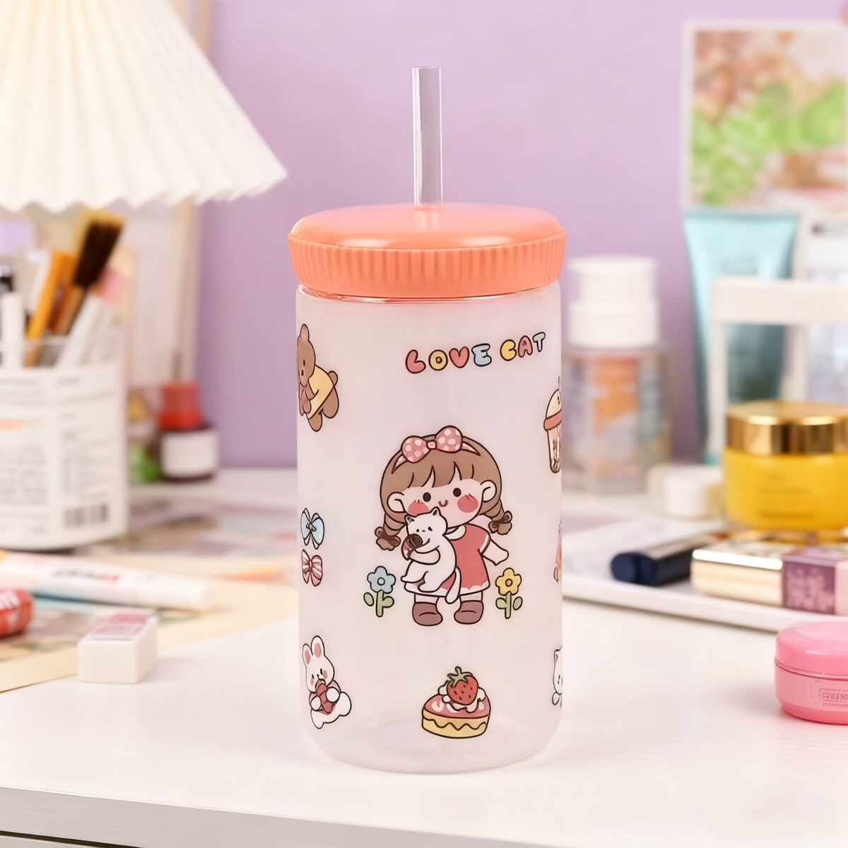 Cartoon Straw Drinking Bottle 500ml-Pink - Image 6