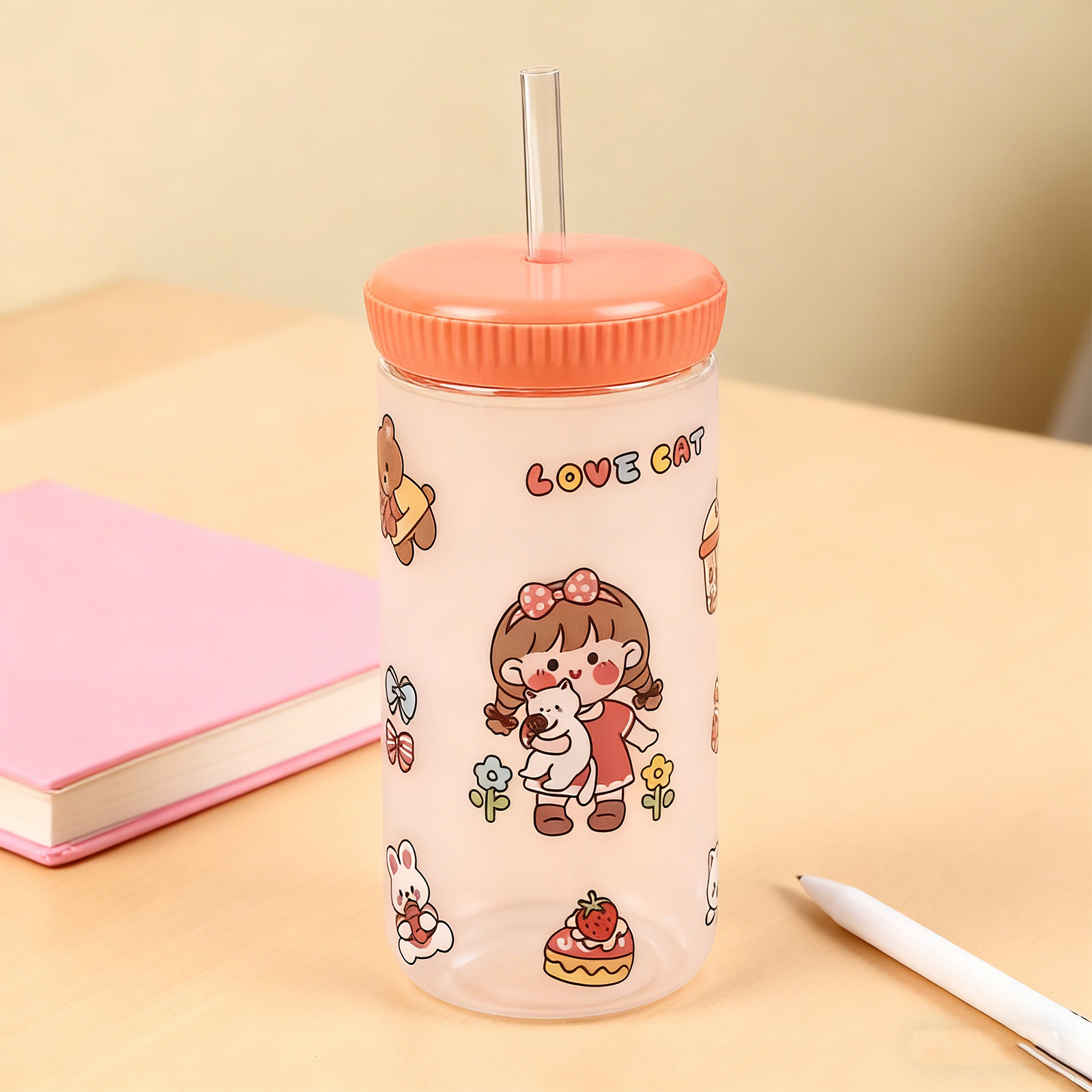 4dcb55ac-64c4-4df0-ac46-4c1d3aa6f2a5.jpg Cartoon Straw Drinking Bottle 500ml-Pink - Image 1