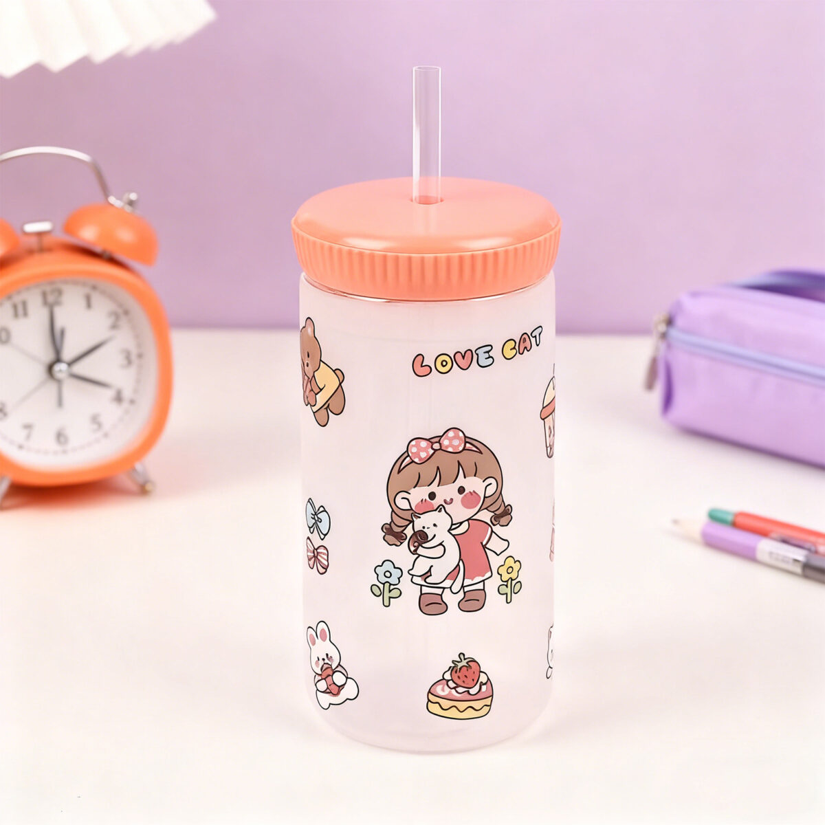 Cartoon Straw Drinking Bottle 500ml-Pink - Image 5