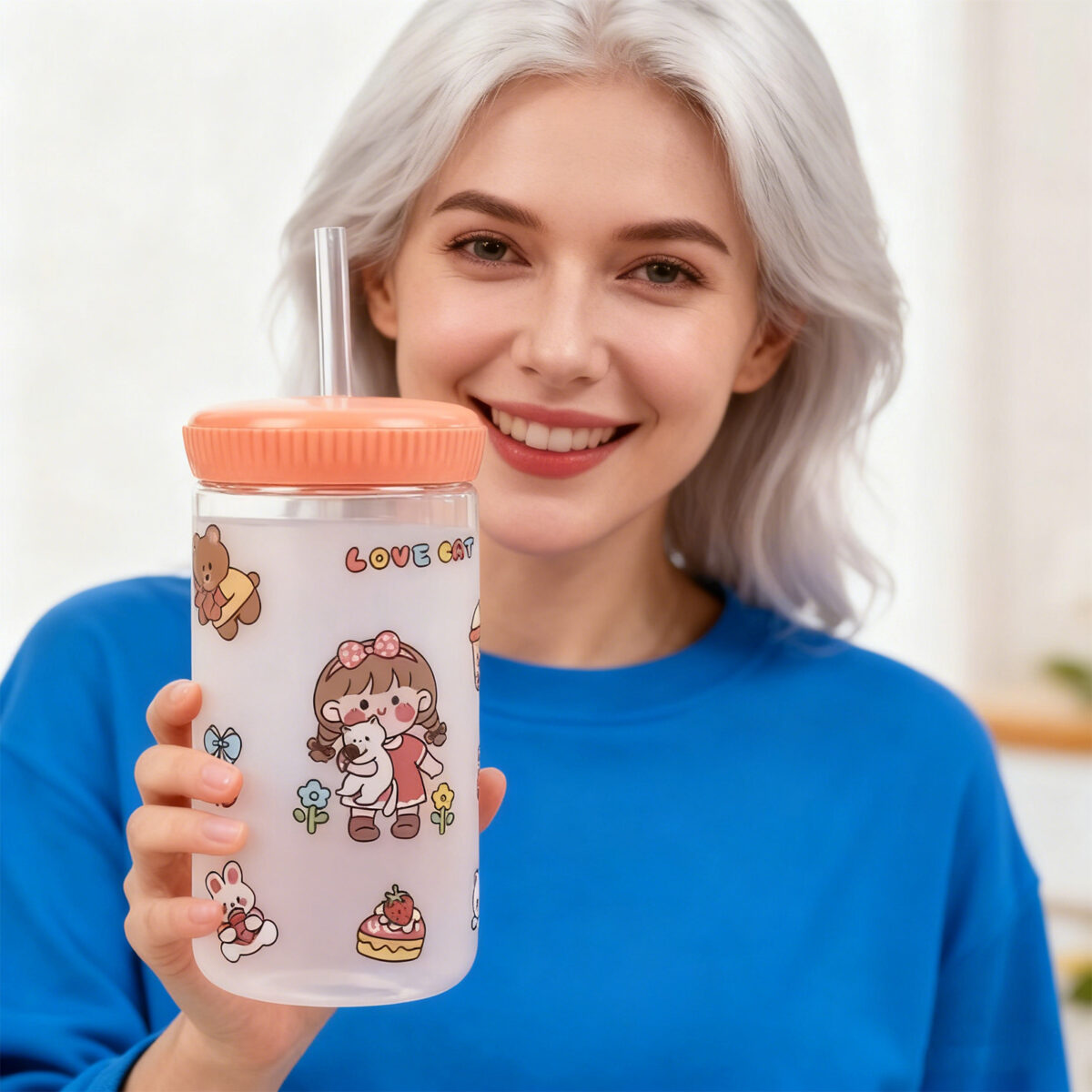 Cartoon Straw Drinking Bottle 500ml-Pink - Image 4