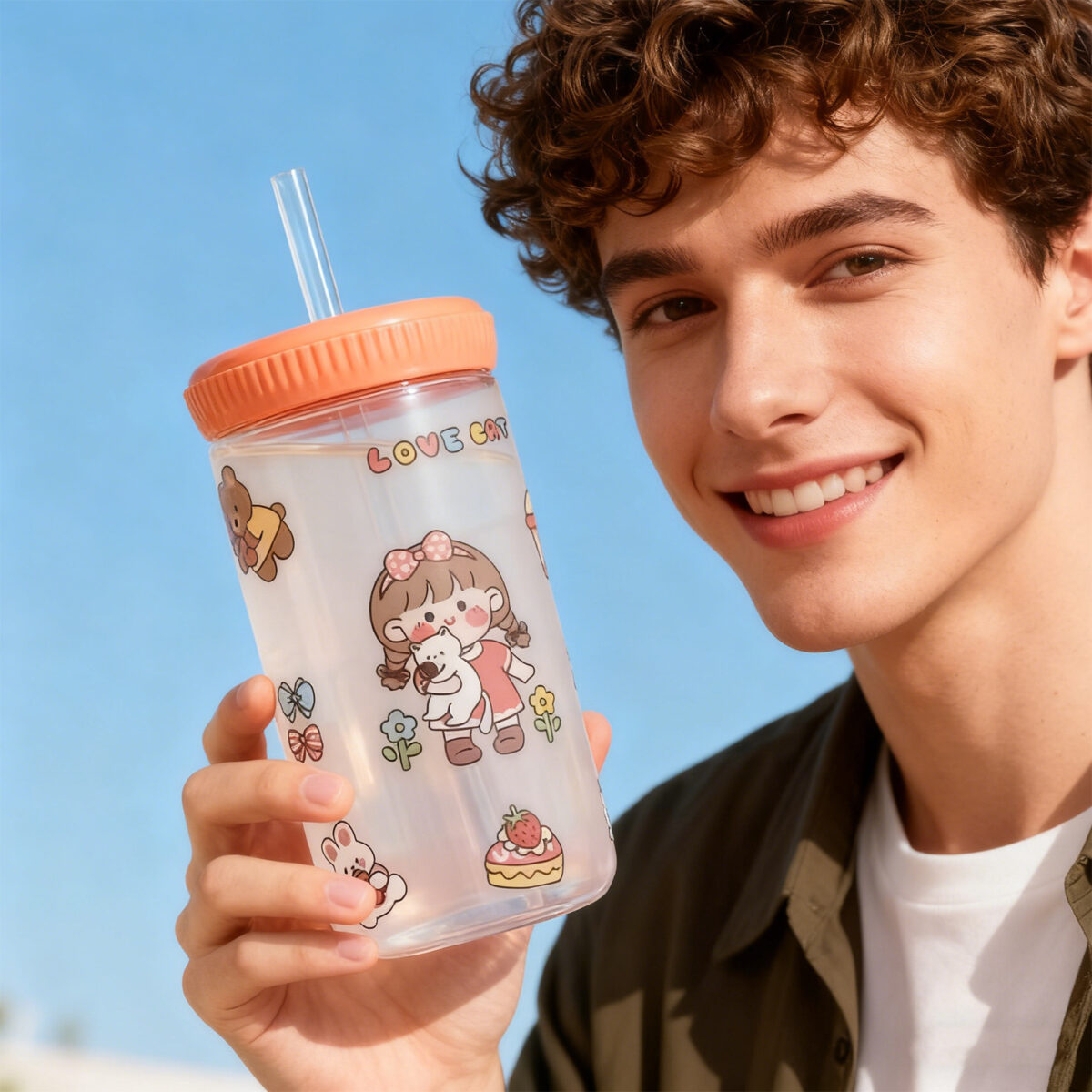 Cartoon Straw Drinking Bottle 500ml-Pink - Image 2