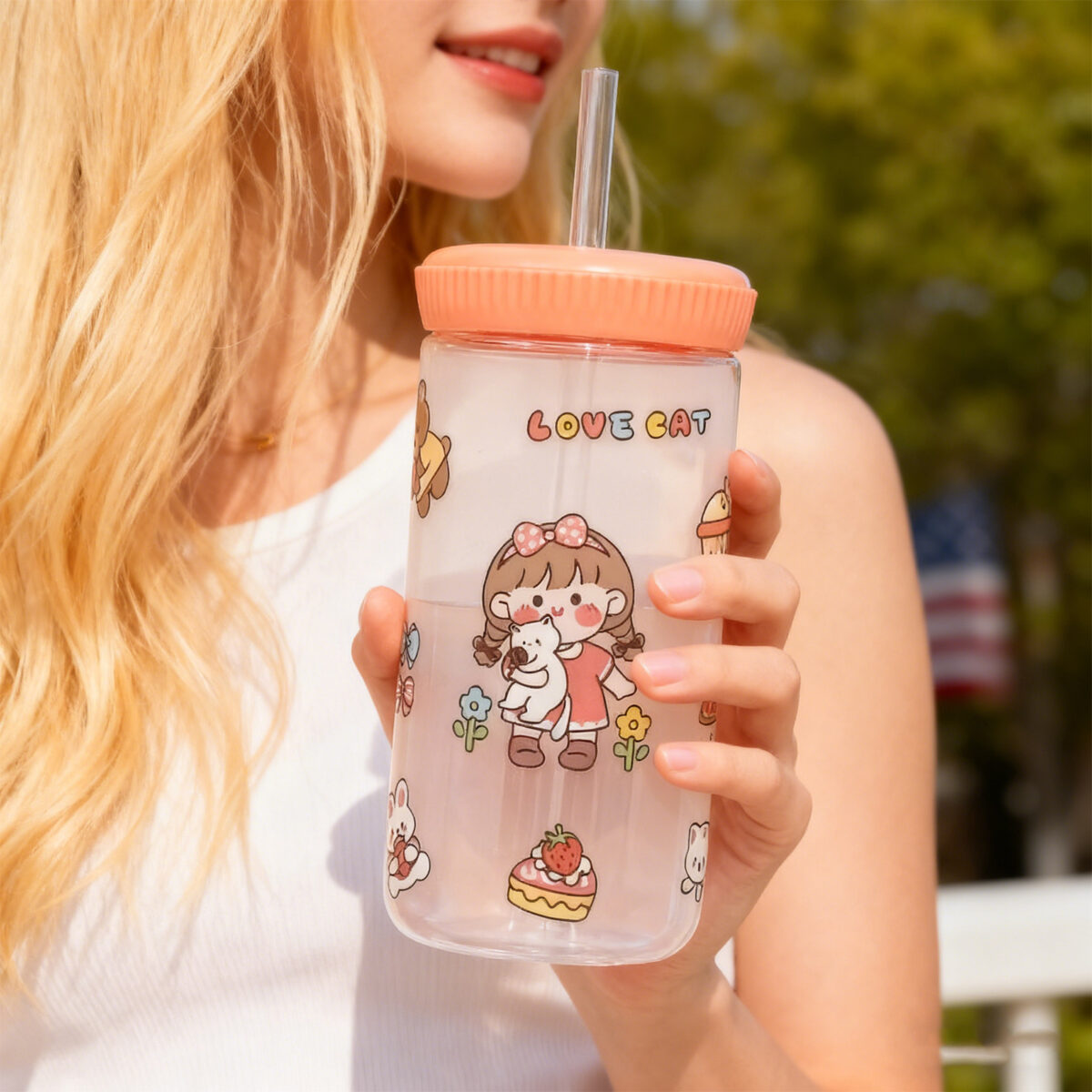 Cartoon Straw Drinking Bottle 500ml-Pink - Image 7