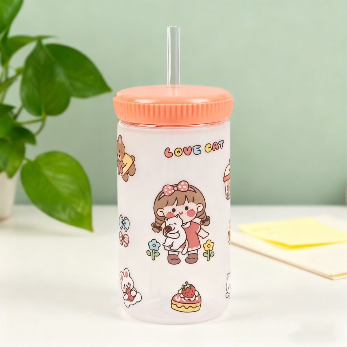 Cartoon Straw Drinking Bottle 500ml-Pink - Image 3